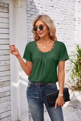 Women's Short-sleeved T-shirt Summer Button Square Collar Pleated Design Solid Color Loose T-shirt Womens Clothing - Fashionner
