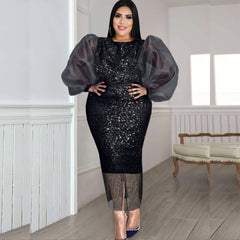 Lantern Sleeves Stretch Sequin Party Mid-length Dresses For Women - Fashionner