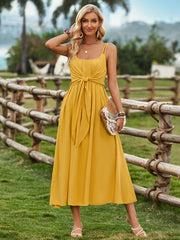 Solid Color Suspender Long Dress Spring And Summer Bow Waist Tie Design Dress Womens Clothing - Fashionner