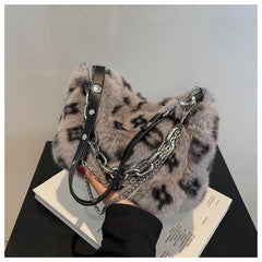 Winter Plush Bags Chain Shoulder Bag Women Flowers Print Handbags - Fashionner