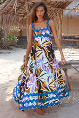 Flowers Print Wavy Pattern Suspender Long Dress For Women Fashion A-Line Beach Dresses Womens Clothing - Fashionner