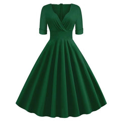 Green Solid Rockabilly S Vintage Ruched V Neck Party Dresses - Fashionner