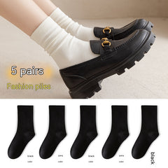 White Women's Mid-tube Socks Solid Color - Fashionner