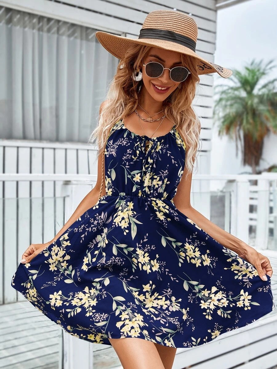 Floral Print Suspender Dress With Elastic Waist Design Fashion Summer Short Dresses Womens Clothing - Fashionner