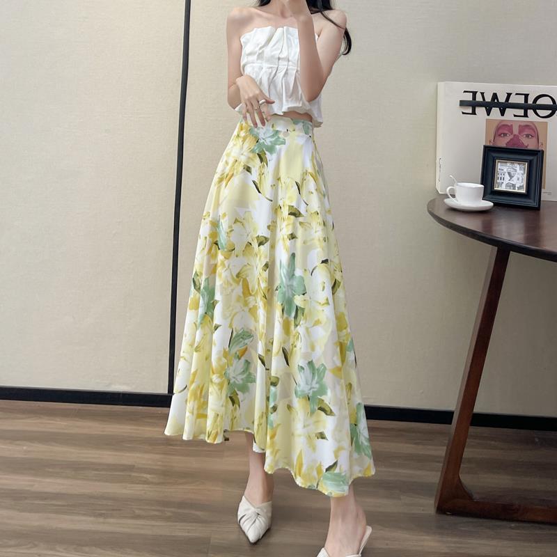 Women's Fashion High Waist Slimming Wide Hem Printed Dress - Fashionner