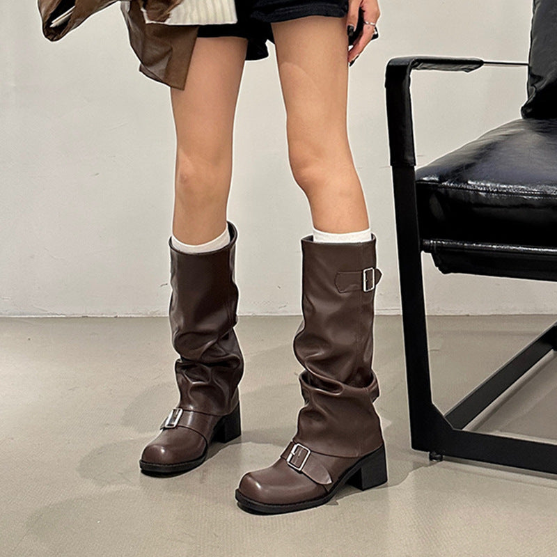 Below The Knee Long Boots Female Chunky Heel Round Head - Fashionner