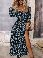 Flowers Printing Long Sleeve Dress Fashion Square-neck Bottom Slit Dresses Womens Clothing