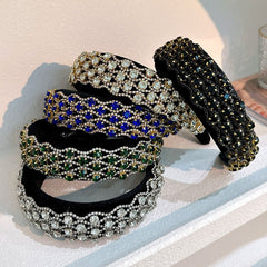 Fashionable full set rhinestone wide edge solid color sponge head hoop - Fashionner