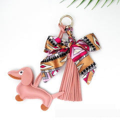 Tassel Leather Sausage Dog Pendant Bag Ornament Silk Scarf Keychain Schoolbag Pendant