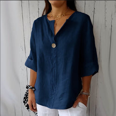 European And American Loose T-shirt Women's V-neck Cotton And Linen Button Top