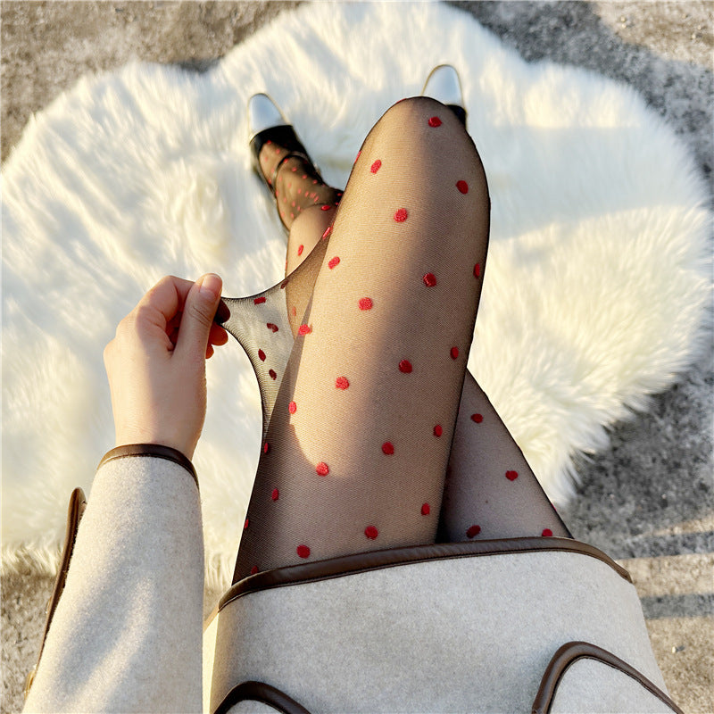 Red Small Love Stockings Ultra-thin Transparent Black Silk Polka Dot Pantyhose Anti-snagging - Fashionner