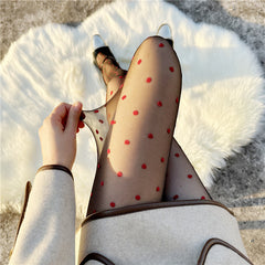 Red Small Love Stockings Ultra-thin Transparent Black Silk Polka Dot Pantyhose Anti-snagging - Fashionner