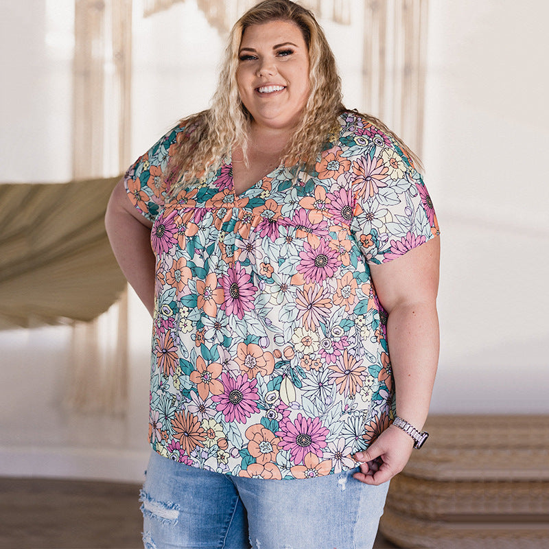 Summer Floral Print Loose Pleating V-neck Top - Fashionner