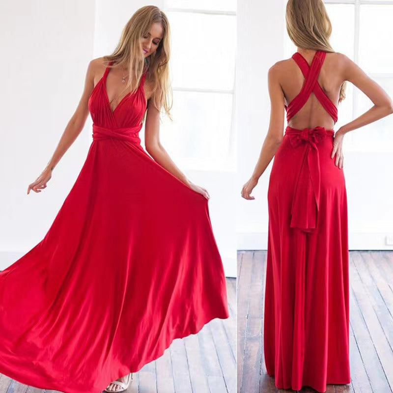 V-neck Long Dress Women Cross Strap Beauty Back Design Party Dresses - Fashionner