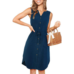 Sleeveless V-neck Buttoned Dress With Pockets Fashion Casual Waist Tie Design Summer Dress Womens Clothing - Fashionner