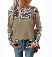 European And American Pullover Round Neck Leopard Splicing Waffle Sweater - Fashionner