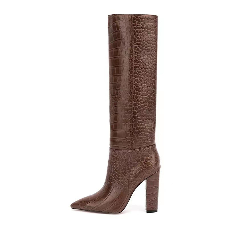 High Leg Boot Chunky Heel European And American Crocodile Pattern - Fashionner