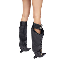 High-profile Wedge Sleeve Pointed Slip-on Strap Large Fastener Boots - Fashionner
