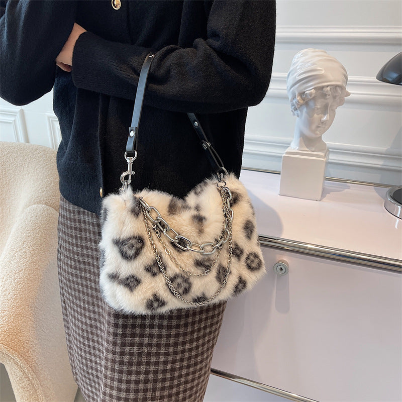 Winter Plush Bags Chain Shoulder Bag Women Flowers Print Handbags - Fashionner