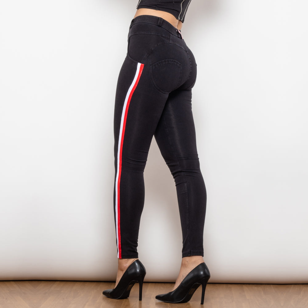 Shascullfites Melody Middle Waist Dark Thread Black Jeans With White&Red Stripe Pants Women Butt Lift Jeans Shaping Pants - Fashionner