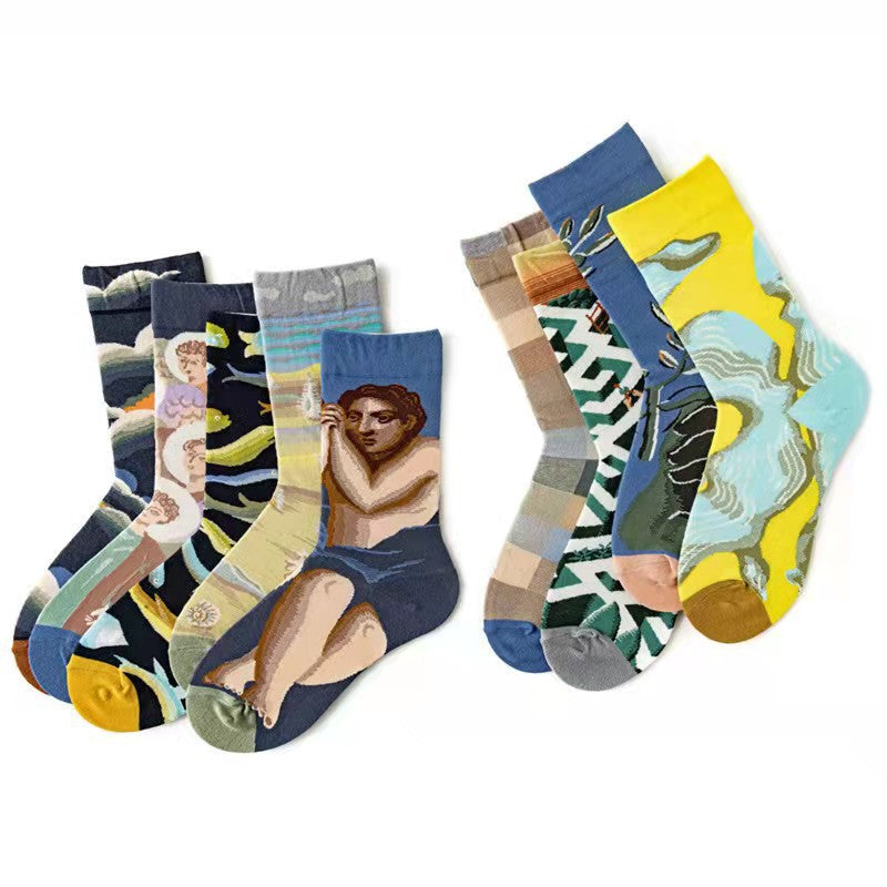 Trendy Mid-calf Length Socks Preppy Style Stockings Artistic Illustration Socks - Fashionner
