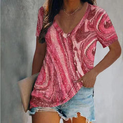 Women's T-shirt Summer Irregular Digital Printing Fashion Loose V-neck Color Short Sleeve Top - Fashionner