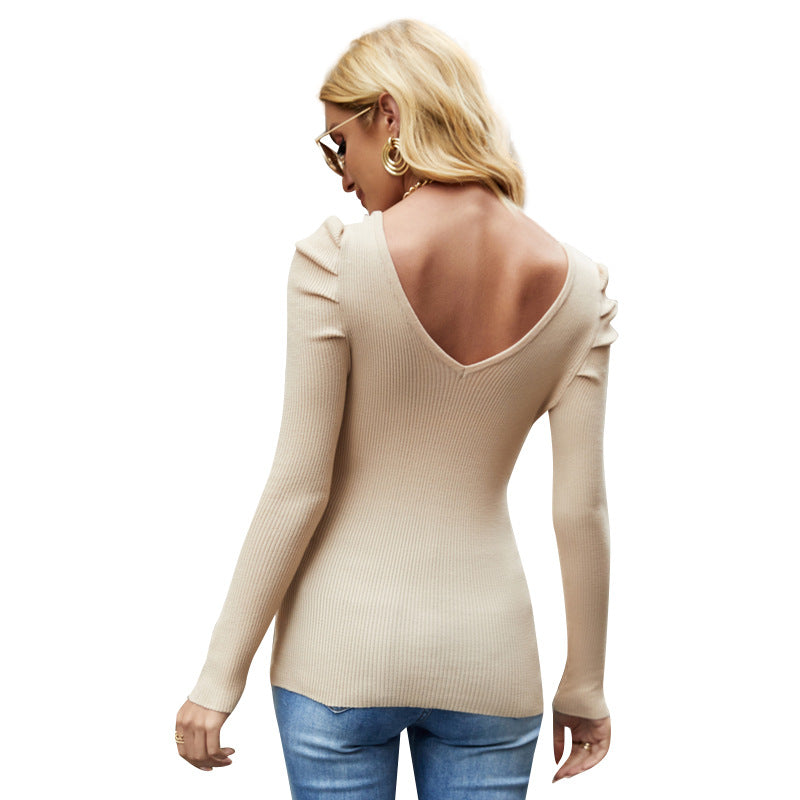 Slim Fit High-elastic V-neck Base Puff Sleeve Sweater For Women - Fashionner