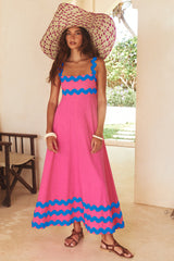 Flowers Print Wavy Pattern Suspender Long Dress For Women Fashion A-Line Beach Dresses Womens Clothing - Fashionner