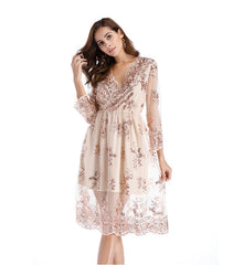 Simplee V long neck party dresses women sexy mesh streetwear Christmas MIDI dress female autumn dress