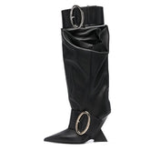 High-profile Wedge Sleeve Pointed Slip-on Strap Large Fastener Boots - Fashionner