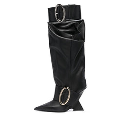 High-profile Wedge Sleeve Pointed Slip-on Strap Large Fastener Boots - Fashionner