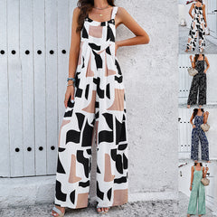 Fashion Print Square Neck Jumpsuit With Pockets Spring Summer Casual Loose Overalls Womens Clothing - Fashionner