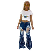 Casual Women Ripped Jeans Pants Falre Pants Denim Long Trousers - Fashionner