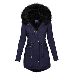 Women's Plush Hooded Parkas Winter Warm Thick Zip-up Jackets Casual Mid-length Solid Buckle Pockets Coat Outerwear Clothing