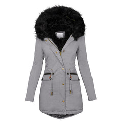 Women's Plush Hooded Parkas Winter Warm Thick Zip-up Jackets Casual Mid-length Solid Buckle Pockets Coat Outerwear Clothing