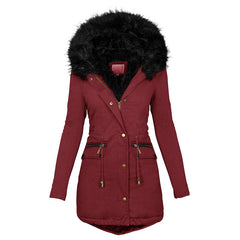 Women's Plush Hooded Parkas Winter Warm Thick Zip-up Jackets Casual Mid-length Solid Buckle Pockets Coat Outerwear Clothing