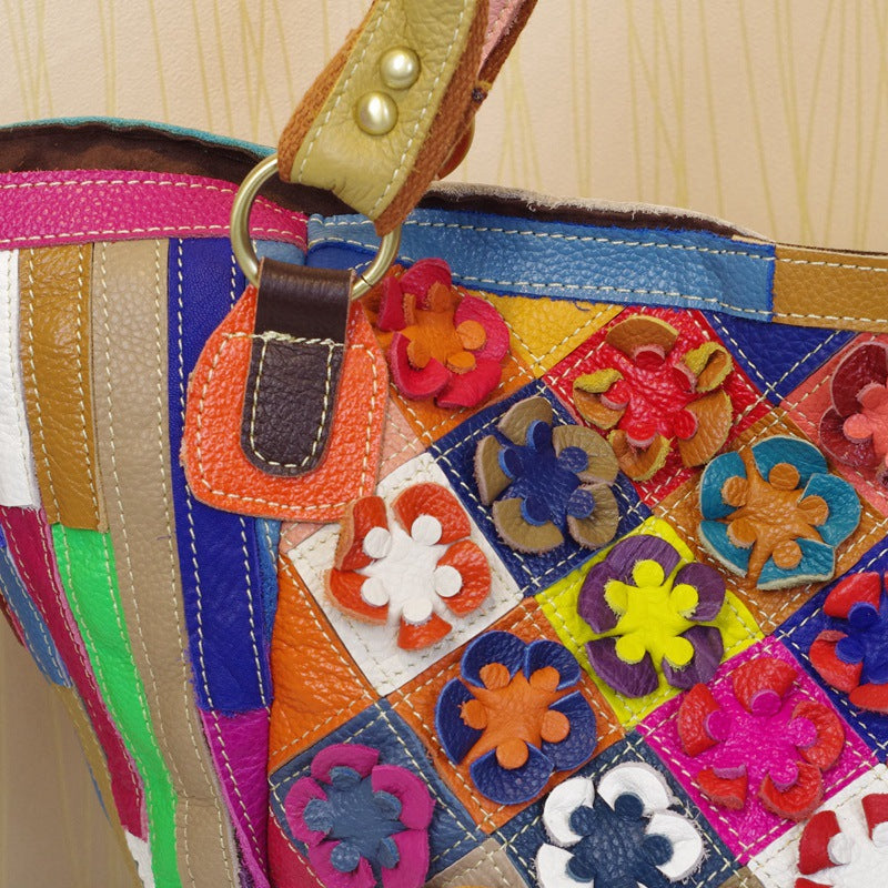 Leather Handbags Cowhide Colorful Flowers Contrast Color - Fashionner