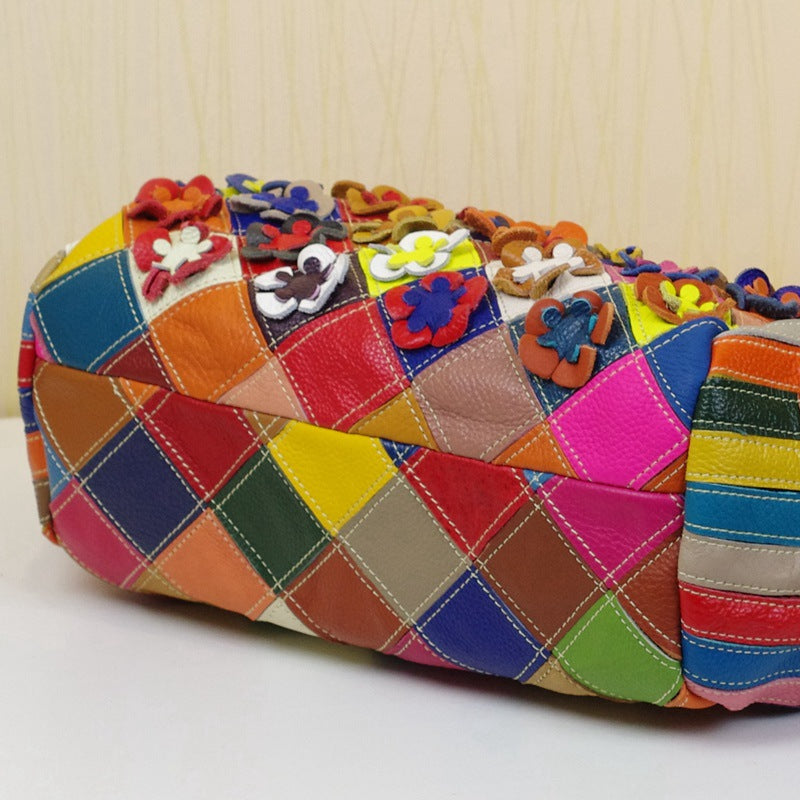 Leather Handbags Cowhide Colorful Flowers Contrast Color - Fashionner