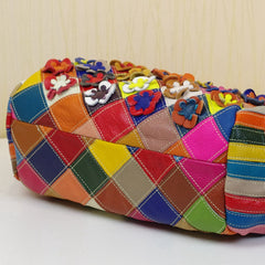 Leather Handbags Cowhide Colorful Flowers Contrast Color - Fashionner
