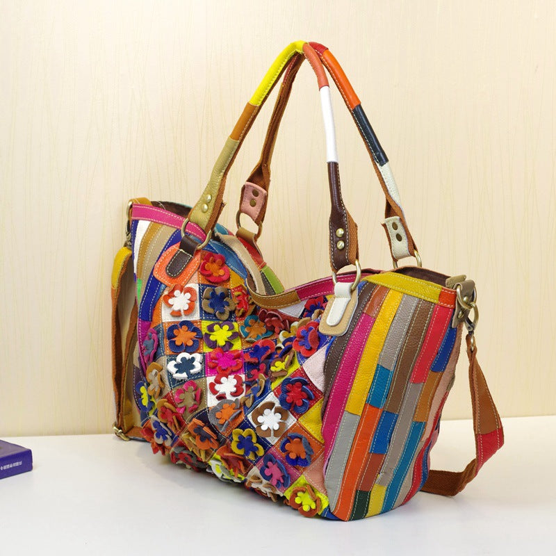 Leather Handbags Cowhide Colorful Flowers Contrast Color - Fashionner