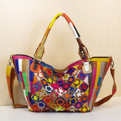 Leather Handbags Cowhide Colorful Flowers Contrast Color - Fashionner
