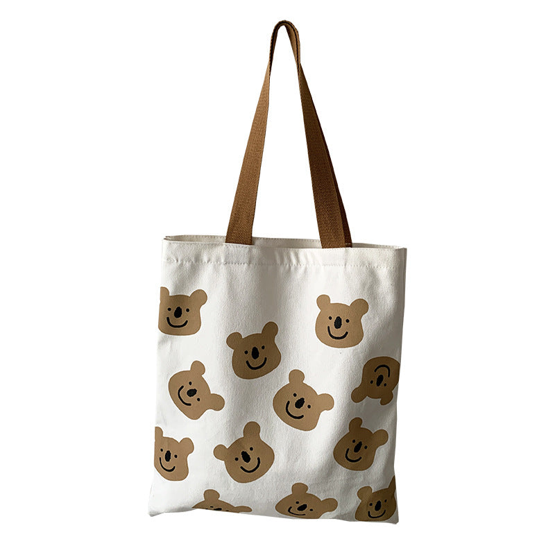 New Canvas Shoulder Shopper Bag for Women Girl Cartoon Bear White Female Handbags Cloth Shopping Bags Ladies Tote Beach Bag - Fashionner