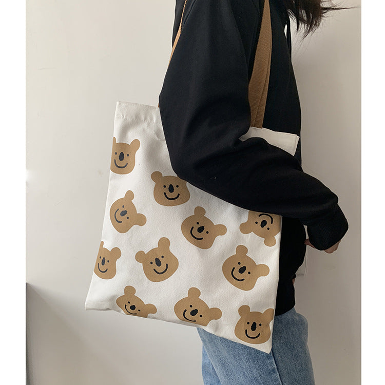 New Canvas Shoulder Shopper Bag for Women Girl Cartoon Bear White Female Handbags Cloth Shopping Bags Ladies Tote Beach Bag - Fashionner