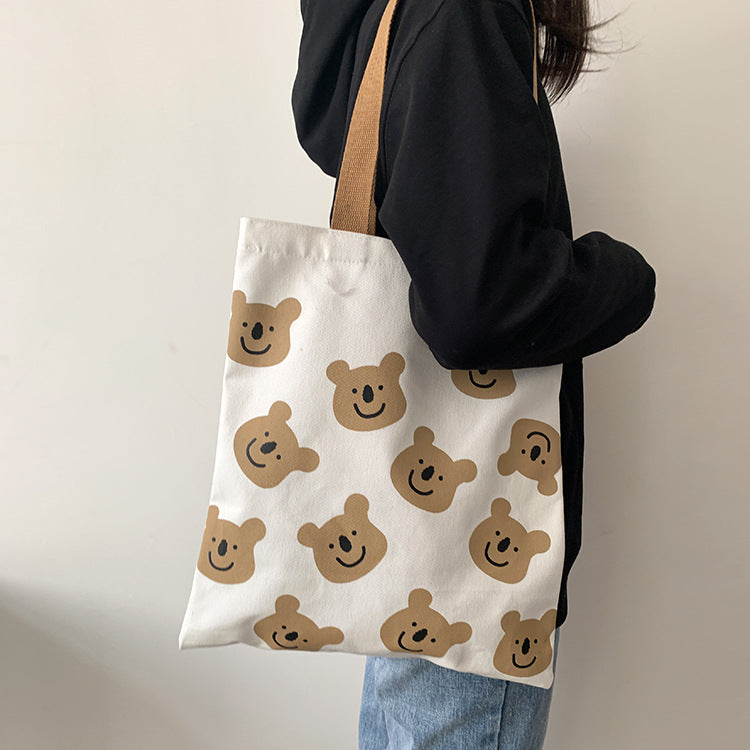 New Canvas Shoulder Shopper Bag for Women Girl Cartoon Bear White Female Handbags Cloth Shopping Bags Ladies Tote Beach Bag - Fashionner