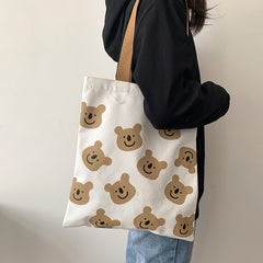 New Canvas Shoulder Shopper Bag for Women Girl Cartoon Bear White Female Handbags Cloth Shopping Bags Ladies Tote Beach Bag - Fashionner