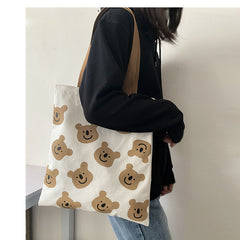New Canvas Shoulder Shopper Bag for Women Girl Cartoon Bear White Female Handbags Cloth Shopping Bags Ladies Tote Beach Bag - Fashionner