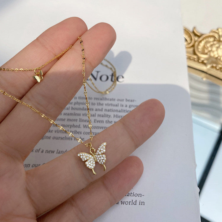 Fashion Jewelry Elegant Silver Color Shiny Butterfly Necklaces Ladies Exquisite Double Layer Clavicle Chain Necklace Jewelry Gift - Fashionner