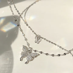 Fashion Jewelry Elegant Silver Color Shiny Butterfly Necklaces Ladies Exquisite Double Layer Clavicle Chain Necklace Jewelry Gift - Fashionner