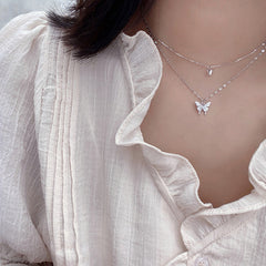 Fashion Jewelry Elegant Silver Color Shiny Butterfly Necklaces Ladies Exquisite Double Layer Clavicle Chain Necklace Jewelry Gift - Fashionner