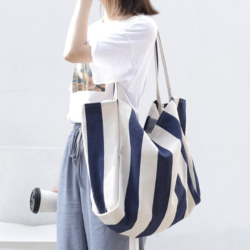 Striped Canvas Bags High Capacity Shoulder Bags For Women Fashion Shopper Handbags Casual Shopping Totes - Fashionner
